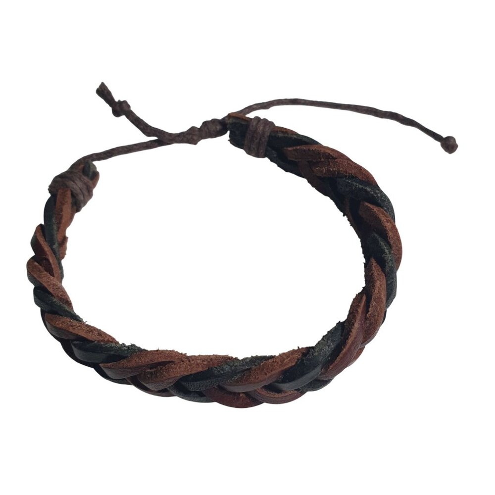 Braided Adjustable Leather Bracelet Black Brown Handmade Cord Tie Rustic Style